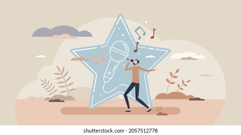 Karaoke singing for audience as amateur singer hobby tiny person concept. Voice performance in bar as entertainment night for musicians vector illustration. Chance to try to perform with microphone.