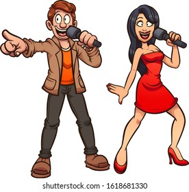 Karaoke singing male and female couple. Vector cartoon clip art illustration with simple gradients. Each on a separate layer.
