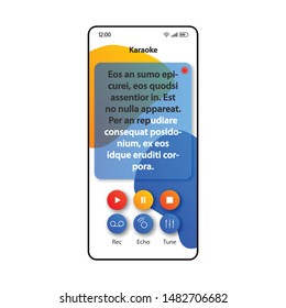 Karaoke smartphone interface vector template. Mobile app page blue and white design layout. Song lyrics screen. Flat UI for application. Digital entertainment, music fun phone display
