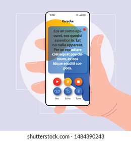 Karaoke song smartphone interface vector template. Mobile app page blue and white design layout. Night club fun screen. Flat UI for application. Hand holding phone with lyrics text on display
