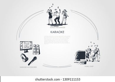 Karaoke - songs and dances, family duet, karaoke accessories vector concept set. Hand drawn sketch isolated illustration