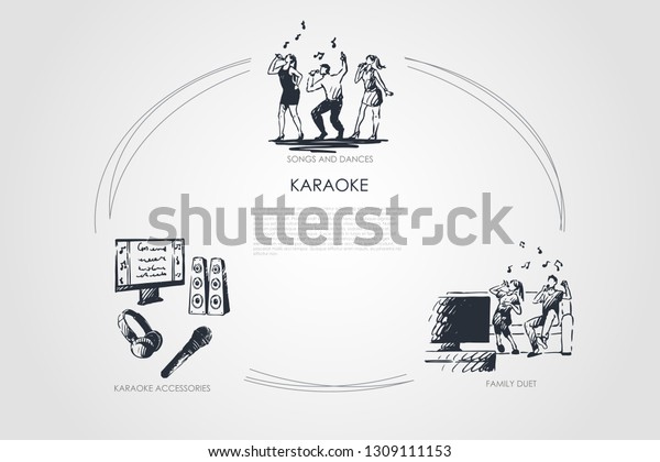 Karaoke -\
songs and dances, family duet, karaoke accessories vector concept\
set. Hand drawn sketch isolated\
illustration