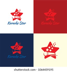 Karaoke Star Logo and Icon. Vector Illustration. A playful logo featuring a big red star with a microphone and more smaller stars on it using the negative space technique.