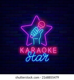 Karaoke star neon signboard. Star shape and microphone in man hand. Talent show. Song singer. Light sign. Label for show. Outer glowing effect. Editable stroke. Vector stock illustration