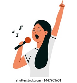 Karaoke vector cartoon illustration with a woman singing into a microphone isolated on a white background.