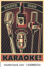 Karaoke Vector Poster with Microphones and Whiskey Bottle