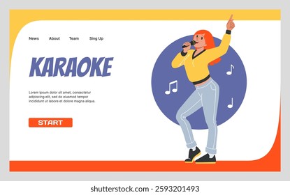 Karaoke web banner. Woman singing. Entertainment club. People singing songs in mic. Music concert. Advertising landing page. Creative leisure time. Cartoon flat style isolated vector illustration