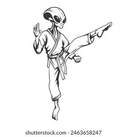 Karate Alien-Kämpfer im Modus mit einem Bein nach oben Vektorgrafik Design