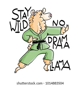 Karate animal in kimono, vector cute illustration. Stay wild, no drama. Furry llama