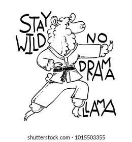 Karate animal in kimono, vector cute illustration. Stay wild, no drama. Furry llama