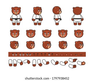 Karate bear creation set. Create your own action, animation, pose. Vector illustration bundle
