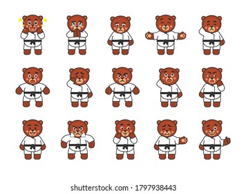 Karate bear set showing various emotions. Karate bear emoticons: amazed, begging, angry, sad, in rage, tired, suspicious and other expressions. Vector illustration bundle