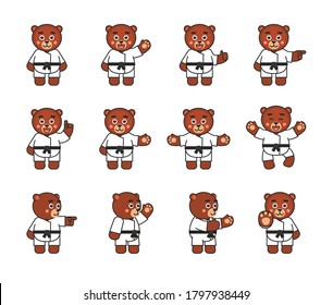 Karate bear set showing various hand gestures. Cute karate bear pointing, greeting, showing thumb up, celebrating and other gestures. Vector illustration bundle