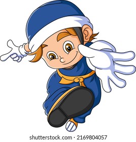The karate boy is giving the strong kick of illustration
