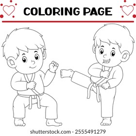 karate boys are fighting coloring page for kids