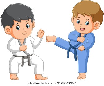 The karate boys are fighting and practicing the defense and kicking position of illustration