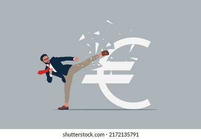 Karate businessman attack euro.  Vector illustration concept.