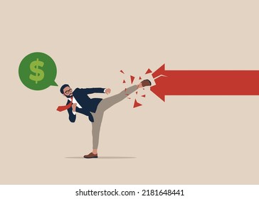 Empresario de karate lucha con un gráfico de flecha roja. Enfrentar la recesión económica. Luchar contra el mercado de osos para sobrevivir. Mantenimiento de la liquidez financiera. 