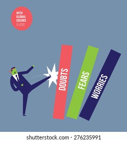 Karate businessman hitting doubts, worries and fears. Vector illustration Eps10 file. Global colors&layers.