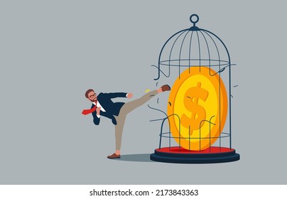 Karate businessman try bring dollar coins out from cage. metaphor of financial freedom, freedom of money.
