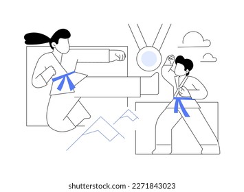 Karate camp abstract concept vector illustration. Karate summer camp, vacation program, holiday activity, kids club, fighting sport section, martial arts children competition abstract metaphor.