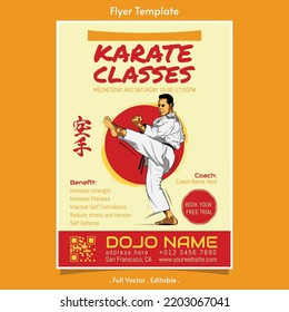 Karate class vector flyer template with "Karate" Japanese calligraphy