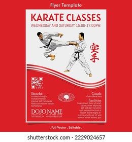 Plantilla de volante vectorial de clase karate con caligrafía japonesa "Karate", karate significa mano vacía