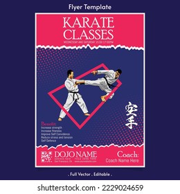 Karate class vector flyer template with "Karate" Japanese calligraphy, karate means empty hand