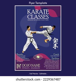 Plantilla de volante vectorial de clase karate con caligrafía japonesa "Karate", karate significa mano vacía