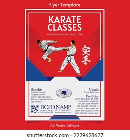 Karate class vector flyer template with "Karate" Japanese calligraphy, karate means empty hand