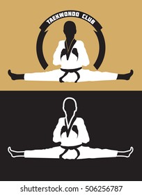 Karate club logo. Karate kid wearing white gi and black belt in a side split / side straddle / Chinese split, isolated