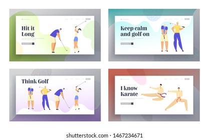Karate Combat Competition, Golf Tournament Sports Life Website Landing Page Set, Sportsmen in Kimono Clash in Air Kick, People at Golfing Tournament Web Page. Cartoon Flat Vector Illustration, Banner