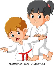 The karate couple are practicing some trick to beat enemy of illustration