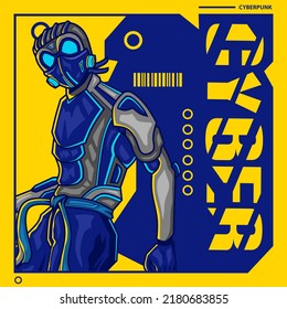 Karate cyborg in cyberpunk art style. Colorful fiction design with dark background. Abstract vector illustration.