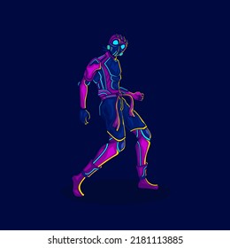 Karate cyborg in cyberpunk art style. Colorful fiction design with dark background. Abstract vector illustration.