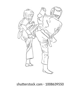 karate fight of two boys, hand drawn vector illustration