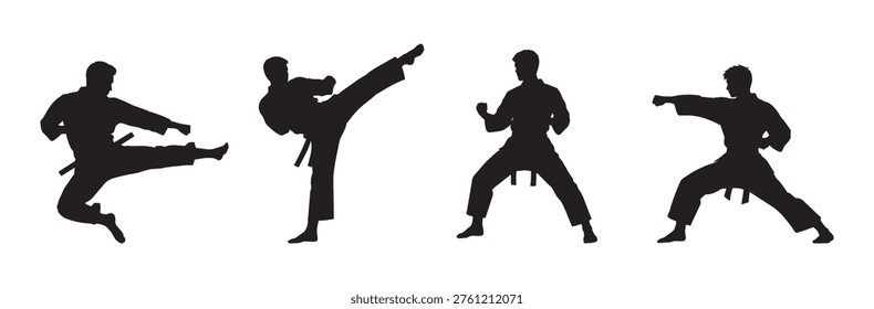 Karate fighter ailhouettes set. Man karate poses, kicking and punching actions collection