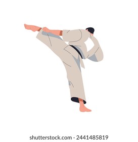 Karate fighter in attacking pose. Japanese wrestler in action, kicking with leg, foot, back view. Wrestling athlete in position from behind. Flat vector illustration isolated on white background