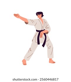 Karate fighter with black belt training. Sportswoman of asian martial art practices techniques in stance. Japanese sport fight, judo, kung fu. Flat isolated vector illustration on white background