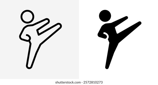 Karate fighter icon. Martial arts fighter stick figure vector illustration. Kickboxing or taekwondo competition symbol. Combat warrior posture silhouette. MMA sign. Kick and punch stance pictogram.