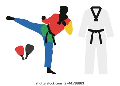 Karate fighter illustration showing high kick position alongside traditional white dobok and striking targets