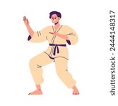 Karate fighter. Japanese fight athlete. Wrestler in kimono, black belt. Sport man in stance, standing fighting position. Japan martial art. Flat vector illustration isolated on white background