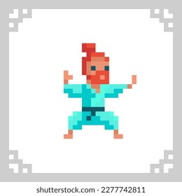 Karate fighter. Judo sportsman in kimono in pixel art, 8 bit retro style vector illustration