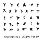 Karate fighter in kimono, vector silhouette illustration. Japan China traditional martial art. self-defense presentation symbols. body poses icons. Karate poses signs. taekwondo style actions. 