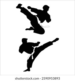 Karate Fighter in Mid-Air Kick – Black Silhouette Art