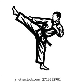 Luchador de karate realizando patada alta, artes marciales, deporte de combate, pose de acción dinámica, cinturón negro, uniforme tradicional. Aislado en blanco.