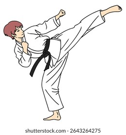 Karate fighter performing a kick in martial arts cartoon illustration