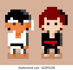 Karate Fighter. Pixel Art Vector