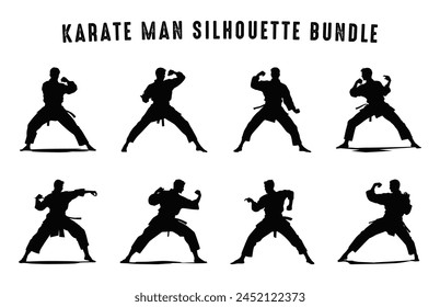 Colección de siluetas de luchador de karate, conjunto de Vector de silueta de karate, Paquete de silueta negro de artes marciales