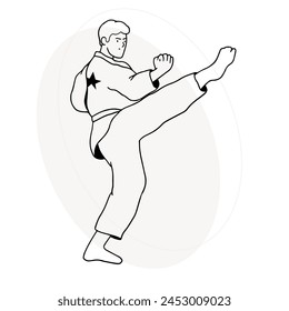Karate fighter or sport person in kimono. Fighting, kicking, attacking pose. Japan martial art, professional or recreation. Active rest, recharge.